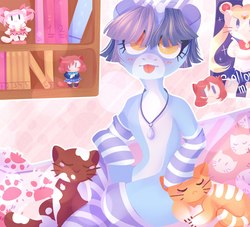 Size: 2375x2160 | Tagged: safe, artist:queennutti, oc, oc only, oc:tear drop, cat, unicorn, semi-anthro, arm hooves, blushing, book, clothes, high res, horn, jewelry, necklace, paw prints, plushie, poster, sailor moon (series), sleeping, smiling, socks, striped socks, tongue out, unicorn oc, ych result