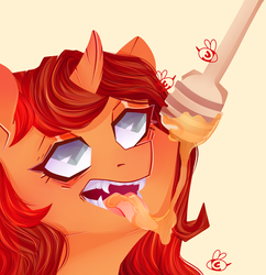 Size: 3400x3513 | Tagged: safe, artist:queennutti, oc, oc only, bee, pony, unicorn, eyes on the prize, fangs, food, high res, honey, honey dipper, horn, looking up, tongue out, unicorn oc, ych result