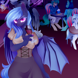 Size: 3000x3000 | Tagged: safe, artist:helemaranth, artist:queennutti, oc, oc only, oc:midnight harmony, oc:nightshade (an-immortal), oc:slips, bat pony, earth pony, pegasus, anthro, unguligrade anthro, rcf community, alcohol, armpits, bar, bat pony oc, beer, clothes, collaboration, earth pony oc, glass, high res, nail polish, pegasus oc, slit pupils, smiling, wine, wine glass, wings, ych result