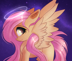 Size: 1985x1680 | Tagged: safe, artist:autumnvoyage, fluttershy, angel, pegasus, pony, g4, cute, female, floppy ears, halo, looking at you, mare, night, profile, shyabetes, solo, spread wings, stars, wings