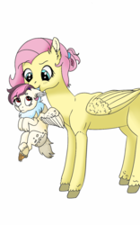 Size: 800x1280 | Tagged: safe, artist:animefreak2282, fluttershy, oc, oc:dream catcher (discoshy), hybrid, g4, alternate hairstyle, duo, female, interspecies offspring, mother and daughter, offspring, parent:discord, parent:fluttershy, parents:discoshy, scruff, simple background, white background