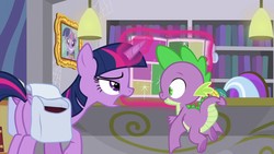 Size: 1280x720 | Tagged: safe, screencap, spike, twilight sparkle, alicorn, dragon, pony, unicorn, g4, the point of no return, female, glowing horn, horn, male, mare, picture frame, saddle bag, twilight sparkle (alicorn), winged spike, wings