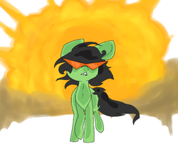 Size: 657x541 | Tagged: artist needed, safe, oc, oc only, oc:filly anon, earth pony, pony, badass, chest fluff, explosion, female, filly, kamina sunglasses, raised hoof, smoke, walking away from explosion, wide hips