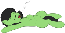 Size: 3031x1542 | Tagged: safe, artist:smoldix, oc, oc only, oc:filly anon, earth pony, pony, armpits, belly button, chest fluff, eyes closed, female, filly, lying down, onomatopoeia, open mouth, simple background, sleeping, solo, sound effects, transparent background, underhoof, zzz
