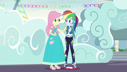 Size: 1920x1080 | Tagged: safe, artist:starman1999, edit, edited screencap, screencap, fluttershy, rainbow dash, equestria girls, equestria girls specials, g4, my little pony equestria girls: better together, my little pony equestria girls: rollercoaster of friendship, clothes, converse, dress, geode of fauna, geode of super speed, long dress, magical geodes, shoes, sneakers