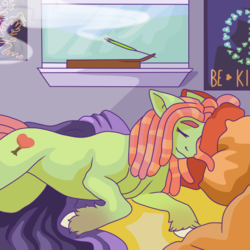 Size: 600x600 | Tagged: safe, artist:guidomista, derpibooru exclusive, tree hugger, earth pony, pony, g4, alternate design, bed, bedroom, cel shading, dreadlocks, dreads, eyebrows, eyes closed, female, floppy ears, green, green fur, hooves, incense, mare, markings, nap, on side, peace sign, realistic horse legs, red mane, redesign, shading, sleeping, smiling, solo, thick eyebrows, unshorn fetlocks