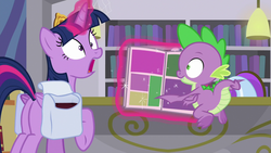 Size: 1280x720 | Tagged: safe, screencap, spike, twilight sparkle, alicorn, dragon, pony, g4, the point of no return, claws, comic book, female, gasping, glowing horn, horn, male, saddle bag, twilight sparkle (alicorn), winged spike, wings