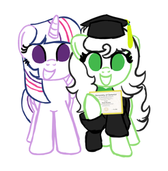 Size: 1788x1820 | Tagged: safe, artist:redcrow32, twilight sparkle, oc, oc:filly anon, alicorn, earth pony, pony, g4, diploma, female, filly, graduation, graduation cap, hat, hoof hold, horn, lineart, looking at you, older, simple background, smiling, twilight sparkle (alicorn), white background