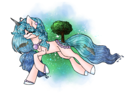 Size: 1280x960 | Tagged: safe, artist:melonseed11, oc, oc only, oc:shimmering lakes, fish, original species, pond pony, turtle, female, solo, tree