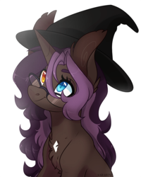 Size: 720x900 | Tagged: safe, artist:sararini, oc, oc only, oc:midnight muse, pony, unicorn, bust, female, glasses, hat, heterochromia, mare, portrait, simple background, solo, white background, witch hat