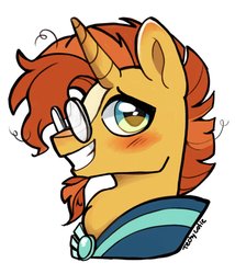 Size: 1110x1295 | Tagged: safe, artist:techycutie, sunburst, pony, unicorn, g4, blushing, bust, clothes, cute, glasses, male, robe, simple background, smiling, solo, stallion, sunburst's cloak, sunburst's glasses