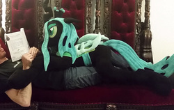 Size: 1650x1040 | Tagged: safe, artist:agatrix, queen chrysalis, alicorn, human, g4, book, cuddling, female, irl, irl human, life size, lying down, male, photo, plushie, reading, throne
