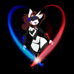 Size: 2570x2570 | Tagged: safe, artist:lil miss jay, oc, oc only, oc:phony tail, zebra, zebracorn, anthro, beat saber, blank flank, clothes, cyberpunk, facial hair, femboy, freckles, goatee, heart freckles, high res, lipstick, male, socks, solo, sweat, thigh highs, trap, weapon