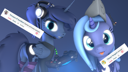 Size: 1920x1080 | Tagged: safe, artist:spinostud, princess luna, alicorn, pony, gamer luna, g4, 3d, clothes, controller, female, filly, headset, hoodie, looking at you, mare, request, socks, source filmmaker, woona, younger