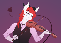 Size: 3508x2480 | Tagged: safe, artist:underpable, oc, oc only, incubus, anthro, anthro oc, bow (instrument), clothes, commission, eyes closed, glasses, high res, musical instrument, playing, purple background, simple background, solo, violin