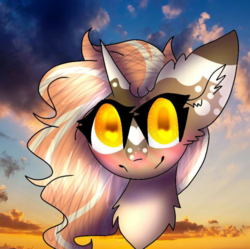 Size: 800x796 | Tagged: safe, anonymous artist, oc, oc only, oc:spotty lionmane, pony, unicorn, blushing, bust, chest fluff, colored pupils, eyelashes, female, horn, looking at you, mare, signature, smiling, solo, spots, two toned mane