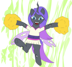 Size: 1503x1404 | Tagged: safe, artist:theyellowcoat, oc, oc only, oc:viciz, changeling, bipedal, changeling oc, cheer, cheerleader, cheerleader outfit, female, jumping, mare, pom pom, purple changeling, simple background, smiling