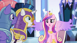 Size: 1280x720 | Tagged: safe, screencap, king sombra, princess cadance, princess flurry heart, ruby armor, shining armor, teal crescent, crystal pony, pony, g4, the beginning of the end, animated, armor, crystal empire, crystal guard, crystal guard armor, dark magic, fear, hostage, magic, parent, sound, webm