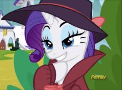 Size: 454x338 | Tagged: safe, screencap, rarity, pony, unicorn, sparkle's seven, animated, bedroom eyes, clothes, cropped, cute, detective rarity, discovery family logo, eyebrow wiggle, female, gif, hat, hoof under chin, lidded eyes, mare, mischievous, raised eyebrows, raribetes, smiling, solo