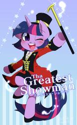 Size: 1148x1852 | Tagged: safe, artist:potetecyu_to, twilight sparkle, pony, g4, female, mare, one eye closed, ponified, solo, the greatest showman, wand, wink