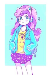 Size: 514x747 | Tagged: safe, artist:hobilo, sweetie belle, equestria girls, g4, clothes, cute, diasweetes, female, hoodie, jacket, looking at you, miniskirt, pleated skirt, skirt, solo