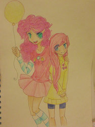 Size: 700x933 | Tagged: safe, artist:laceymod, fluttershy, pinkie pie, human, g4, balloon, clothes, female, human female, humanized, traditional art