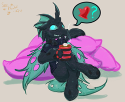 Size: 1952x1600 | Tagged: safe, artist:frist44, oc, oc only, oc:chelicera, changeling, changeling oc, chocolate, crossed legs, food, freddy krueger, green changeling, hoof hold, hot chocolate, male, marshmallow, pictogram, pillow, pillowfort, solo