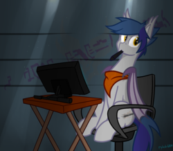 Size: 949x829 | Tagged: safe, artist:flylash1, oc, oc only, oc:flylash, bat pony, pony, bat pony oc, chair, dark room, drawing tablet, fake cutie mark, looking at you, office chair, pen on mouth, sitting, smeared cutie mark, solo, table, unknown texts