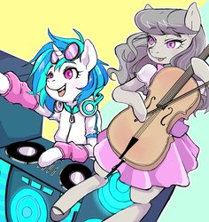 Size: 1000x1060 | Tagged: safe, artist:hobilo, dj pon-3, octavia melody, vinyl scratch, earth pony, unicorn, semi-anthro, g4, arm hooves, bow (instrument), cello, clothes, cute, duo, female, glasses, headphones, jacket, mary janes, musical instrument, shoes, skirt, sunglasses, vinylbetes