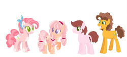 Size: 1280x572 | Tagged: safe, artist:galaxynebula29, artist:selenaede, cheese sandwich, pinkie pie, oc, earth pony, pony, g4, base used, coat markings, family, female, male, mare, offspring, parent:cheese sandwich, parent:pinkie pie, parents:cheesepie, pinto, redesign, ship:cheesepie, shipping, simple background, stallion, straight, white background