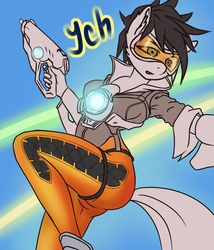 Size: 1200x1400 | Tagged: safe, artist:derpifecalus, anthro, auction, commission, fanart, female, overwatch, sketch, solo, tail, tracer, weapon, your character here
