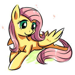 Size: 1024x1024 | Tagged: safe, artist:スカイ, fluttershy, pegasus, pony, g4, female, mare, prone, simple background, smiling, solo, spread wings, turned head, white background, wings