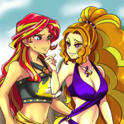 Size: 1000x1000 | Tagged: safe, artist:raika0306, adagio dazzle, sunset shimmer, human, equestria girls, g4, rainbow rocks, absolute cleavage, anime, bedroom eyes, belly button, bikini, bikini babe, blushing, breasts, busty adagio dazzle, busty sunset shimmer, chin stroke, cleavage, clothes, cutie mark necklace, duo, female, flirting, geode of empathy, lesbian, magical geodes, midriff, sarong, ship:sunsagio, shipping, sleeveless, stupid sexy adagio dazzle, stupid sexy sunset shimmer, sweat, swimsuit, teasing, towel