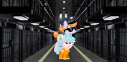 Size: 1675x815 | Tagged: safe, artist:jawsandgumballfan24, copper top, cozy glow, pegasus, pony, g4, arrested, clothes, cozybuse, crying, female, filly, jail, jail cell, mare, police officer, prison, prison outfit, sad, sunglasses, wavy mouth