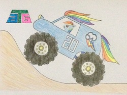 Size: 3264x2448 | Tagged: safe, artist:don2602, rainbow dash, pegasus, pony, g4, female, high res, incline, monster truck, monster truck pony, newbie artist training grounds, smiling, smirk, solo, traditional art