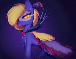 Size: 4000x3125 | Tagged: safe, artist:cha-squared, oc, oc only, oc:precious feather, bird, peacock, pony, alternate color palette, dark background, female, glowing eyes, jewelry, looking at you, orange eyes, simple background, solo