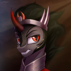 Size: 3000x3000 | Tagged: safe, artist:setharu, king sombra, pony, unicorn, g4, bust, colored horn, commission, crepuscular rays, curved horn, high res, horn, male, portrait, solo, stallion