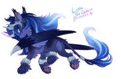 Size: 1280x839 | Tagged: safe, artist:hioshiru, princess luna, sphinx, g4, alternate design, chest fluff, crown, curved horn, cute, ear fluff, fluffy, horn, jewelry, leg fluff, leonine tail, multicolored hair, paw pads, paws, regalia, species swap, sphinxified, tail fluff