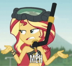 Size: 775x717 | Tagged: safe, edit, edited screencap, screencap, sunset shimmer, equestria girls, g4, my little pony equestria girls: better together, unsolved selfie mysteries, bikini, caption, clothes, cropped, female, geode of empathy, image macro, magical geodes, meh, shrug, shrugset shimmer, solo, swimsuit, text, unamused