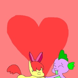 Size: 500x500 | Tagged: safe, artist:undeadponysoldier, apple bloom, spike, dragon, g4, 1000 hours in ms paint, bow, could be better, cute, female, filly, heart, holding hands, holiday, male, pixel art, ship:spikebloom, shipping, straight, valentine's day