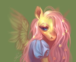 Size: 1280x1033 | Tagged: safe, artist:annyli4, fluttershy, pegasus, pony, g4, bust, clothes, ear fluff, female, flower, flower in hair, fluffy, green background, hair over one eye, hoers, mare, portrait, simple background, solo, uncanny valley, wings