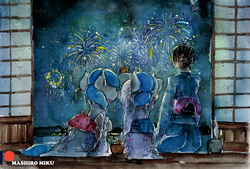 Size: 3332x2259 | Tagged: safe, artist:mashiromiku, oc, oc:miki, oc:mimi, human, pony, clothes, female, fireworks, high res, human female, kimono (clothing), patreon, patreon logo, traditional art, watercolor painting