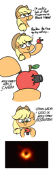 Size: 1000x3209 | Tagged: safe, artist:ashtoneer, applejack, earth pony, pony, g4, apple, black hole, camera, comic, dialogue, female, food, hoof hold, mare, messier 87, quality, simple background, solo, white background