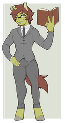 Size: 1218x2300 | Tagged: safe, artist:antelon, oc, oc only, oc:psy key, unicorn, anthro, unguligrade anthro, anthro oc, book, clothes, colored hooves, glasses, necktie, solo, suit, tuxedo