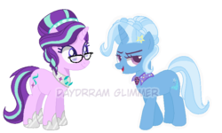 Size: 750x450 | Tagged: safe, artist:daydreamglimmeryt, artist:just-silvushka, starlight glimmer, trixie, pony, unicorn, g4, alternate hairstyle, eyelashes, female, glasses, hoof shoes, horn, lesbian, mare, ship:startrix, shipping, simple background, smiling, transparent background