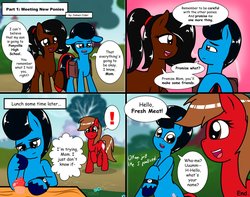 Size: 1280x1011 | Tagged: safe, artist:takaneko13, oc, oc only, oc:momma cider, oc:shooter armstrong, oc:tempo cider, earth pony, pony, comic:bronies go to school, comic, dialogue, exclamation point, female, male, mother and son, part 1:meeting new ponies, saddle bag, storyteller:jamescider, unshorn fetlocks, watch, wristwatch