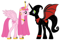 Size: 3768x2544 | Tagged: safe, artist:nathaniel718, pony, adventure time, couple, crown, ear piercing, earring, female, high res, husband and wife, jewelry, kissing, male, mare, nergal, nergal and princess bubblegum, piercing, princess bubblegum, regalia, shipping, stallion, the grim adventures of billy and mandy
