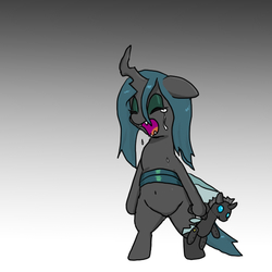 Size: 600x600 | Tagged: safe, artist:kushina13, queen chrysalis, changeling, changeling queen, g4, belly button, bipedal, crying, female, filly, plushie, solo, younger