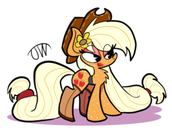 Size: 1859x1400 | Tagged: safe, artist:joeywaggoner, applejack, earth pony, pony, g4, applejack's hat, chest fluff, clothes, cowboy hat, eye clipping through hair, eyeshadow, female, flower, flower in hair, freckles, hat, implied lesbian, implied rarijack, implied shipping, lipstick, long mane, long tail, makeup, mare, older, red eyeshadow, red lipstick, solo, stockings, thigh highs