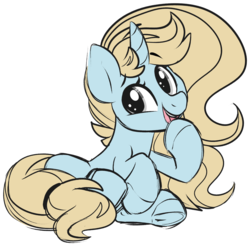 Size: 1024x1009 | Tagged: safe, artist:kellythedrawinguni, oc, oc only, oc:kelly, pony, unicorn, cute, female, grin, hoof on chin, looking at you, mare, ocbetes, open mouth, simple background, smiling, solo, transparent background, underhoof